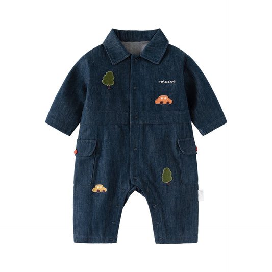 Autumn and Spring Arrival Baby Casual Embroidered Pattern Denim Rompers